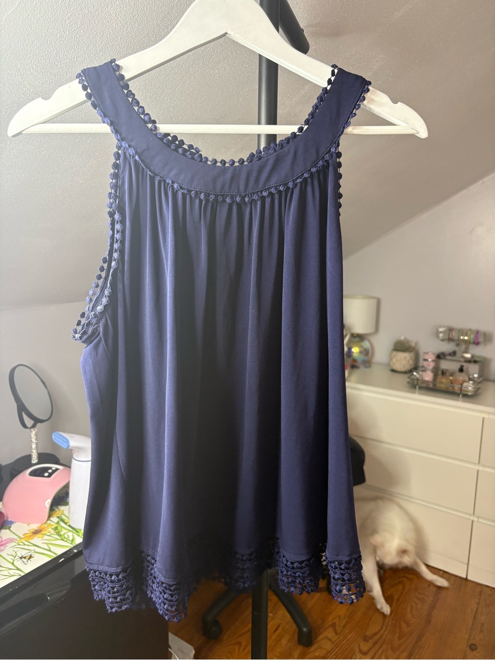 Women's Navy Sleeveless Pom-Trim Blouse
